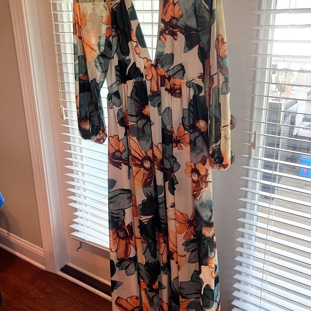 Vestique Floral Long Sleeve Maxi Dress - Cream, Orange, Green - Picture 2 of 4